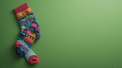 colorful sock on green background with copy space ,