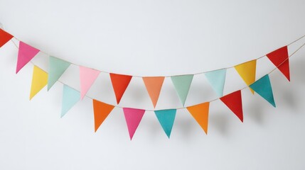 Colorful fabric bunting flags strung across a white wall creating a festive and cheerful decorative banner for celebrations