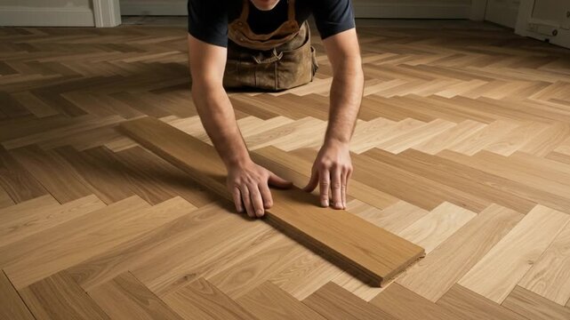 A person, wearing a work apron, places a wood plank onto a herringbone patterned floor. Focus is on installation