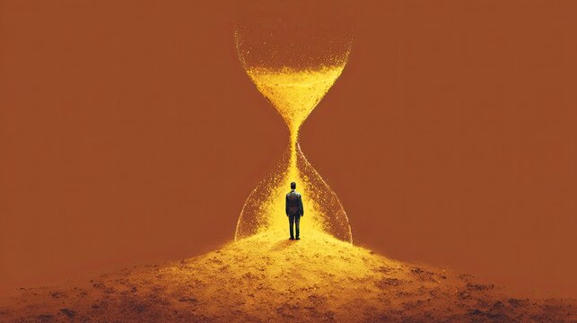 Businessman standing under golden sand hourglass symbol of time management challenge and success concept in abstract space - Powered by Adobe
