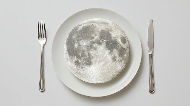 Creative concept of full moon served on white plate with fork and knife symbolizing surreal imagination and cosmic fantasy