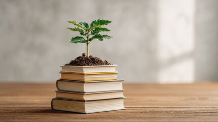 Young green plant growing from soil on stack of books symbolizing education, growth, and sustainable knowledge