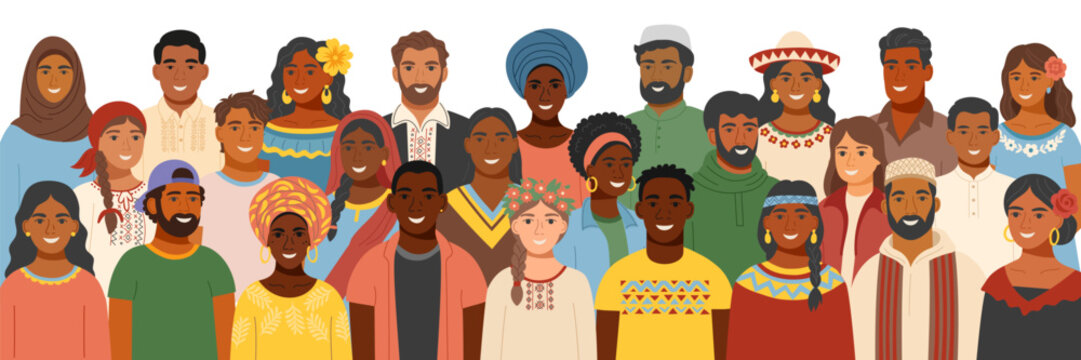 Flat vector template of a diverse group of people from different cultures wearing traditional clothing. Concept of equality, cultural diversity, friendship, inclusion. 