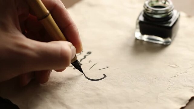 Hand Writing Arabic Calligraphy with a Traditional Dip Pen and Ink.