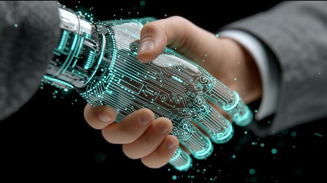 Executive handshake with luminous robotic partner