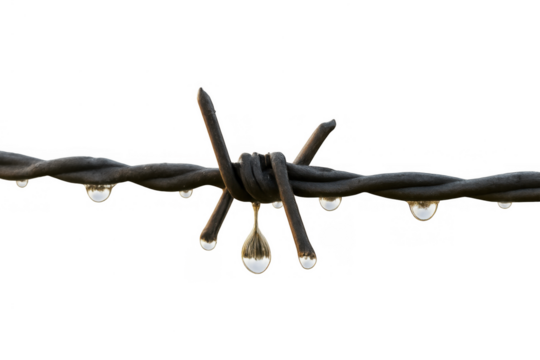 Barbed wire fence close up with water droplets showing confinement, security, barrier, and restriction on transparent background