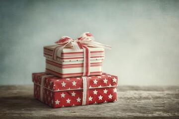 Two festive christmas gift boxes stacked on a rustic wooden surface with a soft textured background