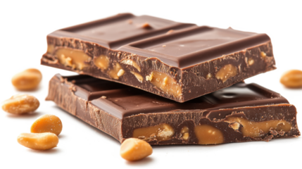 Chocolate bar with peanut butter and caramel isolated on a transparent background