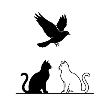 Playful cats watch bird soar above in whimsical illustration