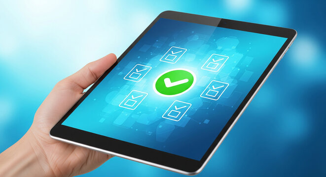 A hand holds a digital tablet displaying a completed checklist with a green checkmark icon. Use for productivity, success, or online approval.