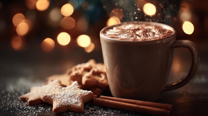 Cozy warm mug of hot chocolate topped with whipped cream and cinnamon next to star shaped cookies and cinnamon sticks