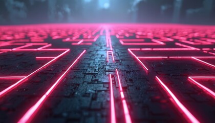 Abstract digital maze with glowing pink lines on dark surface. Futuristic geometric pattern extends into distance, suggesting virtual space. Tech, exploration, depth, and innovation concepts.