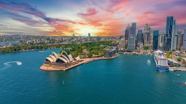 18 November 2025 Panoramic night view of Sydney Harbour and City Skyline of NSW Australia beautiful colourful skies on a beautiful spring day