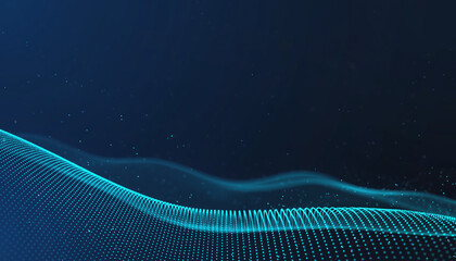 Abstract blue digital wave of particles flowing in dark space with bokeh lights background