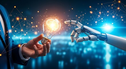 A human hand holding a light bulb and a robot hand reaching out to touch it, symbolizing the collaboration between humans and artificial intelligence