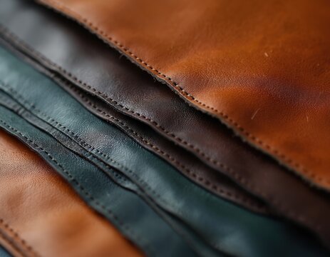 Close-up of layered leather hides in rich brown, dark green tones. Textures showcase natural grain patterns, subtle imperfections. Ideal for artisanal craftsmanship, luxury goods sustainable material