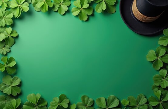 Green background with shamrocks framing edge and black top hat in corner. St. Patrick Day celebration decoration with clover leaves and silk hat on green surface.