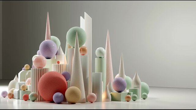 Pastel 3D geometric forms in minimalist abstract cityscape - Powered by Adobe