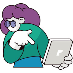 Stylized Woman with Purple Hair and Teal Sweater Holds Tablet and Points Forward in a Clean Presentation Graphic Isolated on White Background