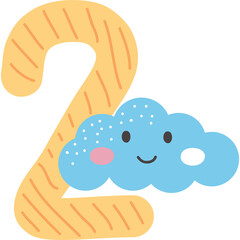 Stylized Yellow Number Two With A Cute Blue Cloud Character Featuring Pink Cheeks And A Smiling Face On A Transparent Background