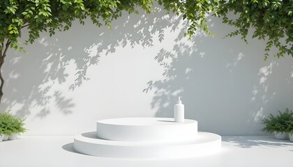 3D White Product Podium Display with Tree Shadow on Minimal Summer Background