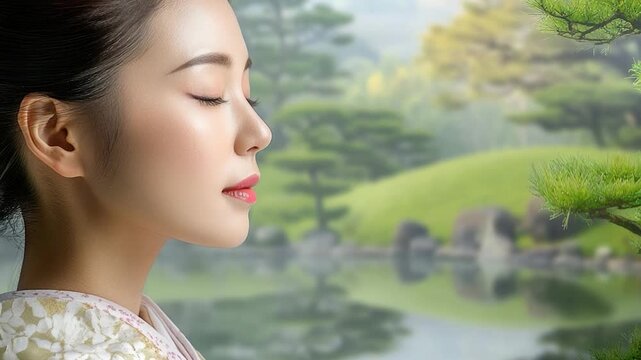 A woman sits in contemplation beside a serene pond, her eyes closed