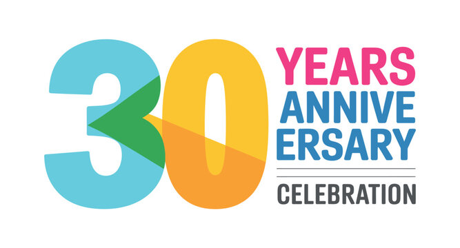 A vibrant graphic design celebrates "30 Years Anniversary Celebration" with colorful numerals and text on a clean white background.