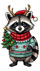 Christmas Raccoon Festive Antlers Sweater Mini Tree