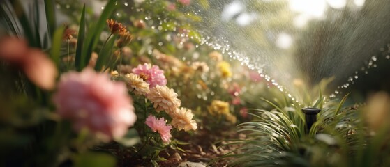 Minimal garden watering moment from flower level showing sprinkler nourishing plants representing simple routine ideal for lifestyle brands promoting garden care maintenance sustainable habits