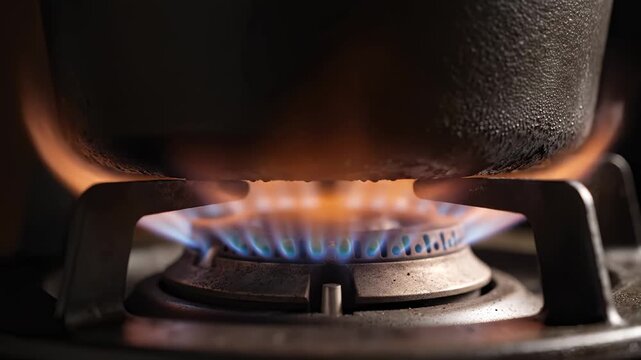 Pot on Gas Stove Burning With Blue Flame