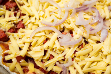 Unbaked Homemade Pizza with Cheese and Onion, Preparation Process