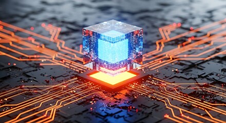 Futuristic cube with glowing lines and circuits, symbolizing advanced technology, quantum computing, and the interconnectedness of digital systems