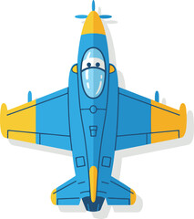 A colorful, stylized top-down illustration of a blue and yellow jet aircraft or fighter plane, featuring a propeller and a windshield with eyes.