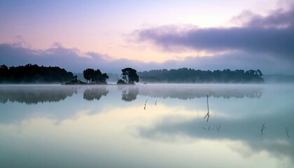 A tranquil lake scene at dawn, shrouded in mist, with a silhouette of trees on the horizon and a soft purple sky reflected in the still water.