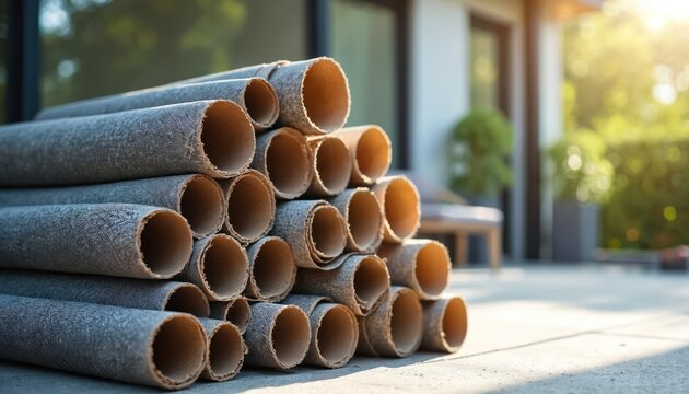 Rolled sun protection screens ready for home installation. Stacks of grey fabric rolls sit outdoors near a modern house. Morning daylight illuminates patio comfort preparation.