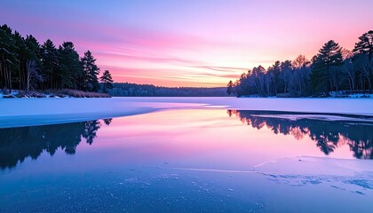 A tranquil winter landscape at sunrise features a partially frozen lake with vibrant pink and purple hues in the sky, mirrored perfectly on the water's surface.