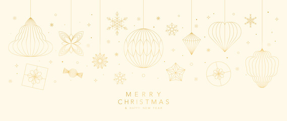 Christmas ornaments vector background with gold hanging elements and soft cream tones — elegant festive design for greeting cards, posters and digital media.