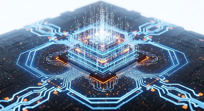 A futuristic motherboard with glowing blue circuits, representing advanced technology, artificial intelligence, and the interconnectedness of data - Powered by Adobe