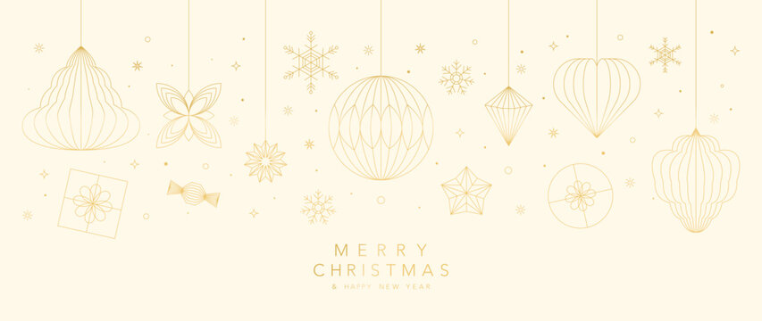 Christmas ornaments vector background with gold hanging elements and soft cream tones — elegant festive design for greeting cards, posters and digital media.