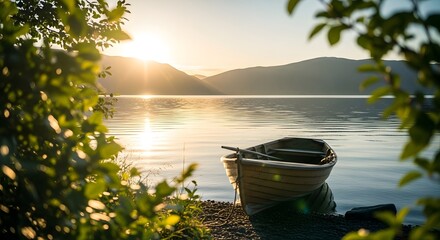 Rowboat on the shore at sunrise with sun rays over hills