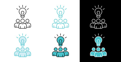 Team brainstorming light bulb icon for creative collaboration in line and fill style