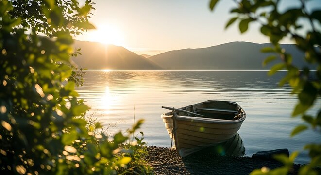 Rowboat on the shore at sunrise with sun rays over hills