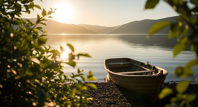 Rowboat on the shore at sunrise with sun rays over hills