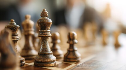 Close-up of wooden chess pieces on a table with blurred people in background representing strategy, planning, competition, teamwork, business meeting, teamwork,. High quality