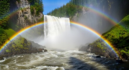 Majestic Waterfall with Vibrant Rainbow Arching Over Rushing River.