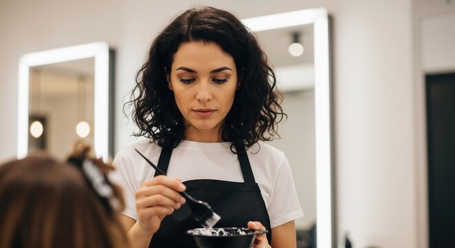 Focused female hairstylist mixing hair dye in a bowl at a salon. Professional colorist preparing hair coloring product with a brush. Hair care and beauty treatment service - Powered by Adobe