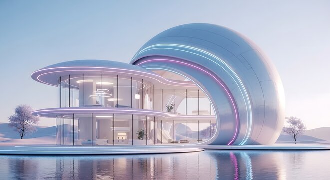 Futuristic modern house with large glass windows and dome - Powered by Adobe