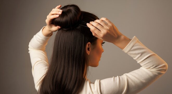 Woman styling her long dark hair into a bun. Female creating an elegant updo with a hairpin. Hair care and beauty concept on a neutral background