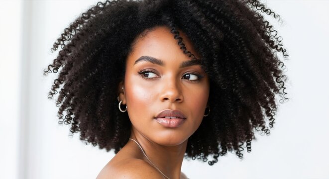 Beauty portrait of a young black woman with natural curly afro hair. Skincare and hair care concept with a model showing healthy glowing skin