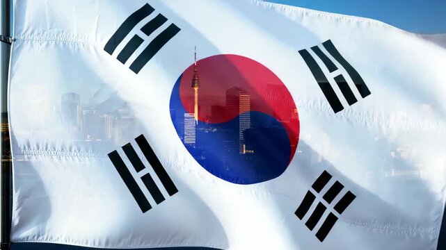 The South Korean flag waves naturally in the wind while the camera remains fixed Soft ripples move across the white fabric as the red-blue circle and black trigrams shift gently, revealing Seoul&rsquo;s sky